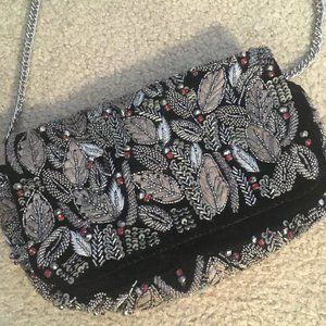 Anthropologie Black Sequin Velvet Chain Purse